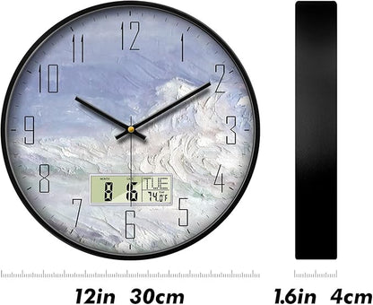 Digital Wall Clock Battery Operated with Day and Date Temperature Blue White Wave Calendar Clock with Large Display Silent for Room Bathroom Bedroom Living Room Farmhouse Decor 12 Inch