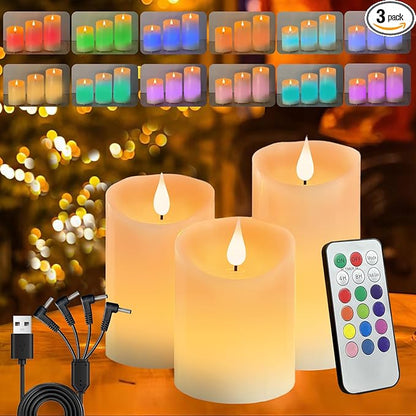 Flameless Candle RGB Set, Flickering LED Pillar Real Wax Candle with Remote Control and Timer, Upgraded Blue Flame Heart, Built-in Battery Rechargeable Flameless Candle, 1 Set of 3