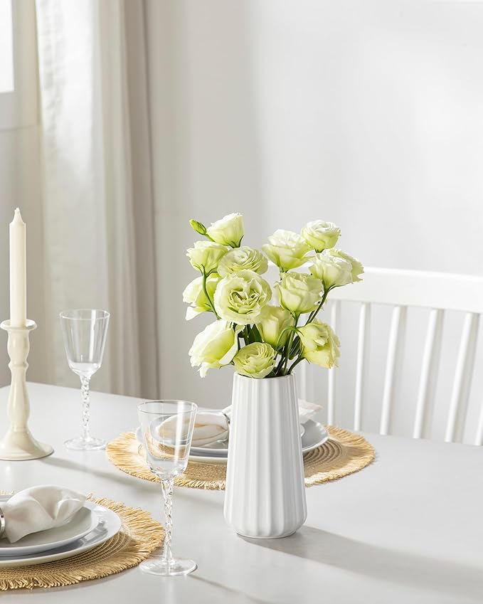 vancasso Ceramic Vase, 7.8 Inch Modern Ribbed Glossy Decorative Vase, Flower vase for Home Decor, Living Room, Bedroom, Office Decor, White