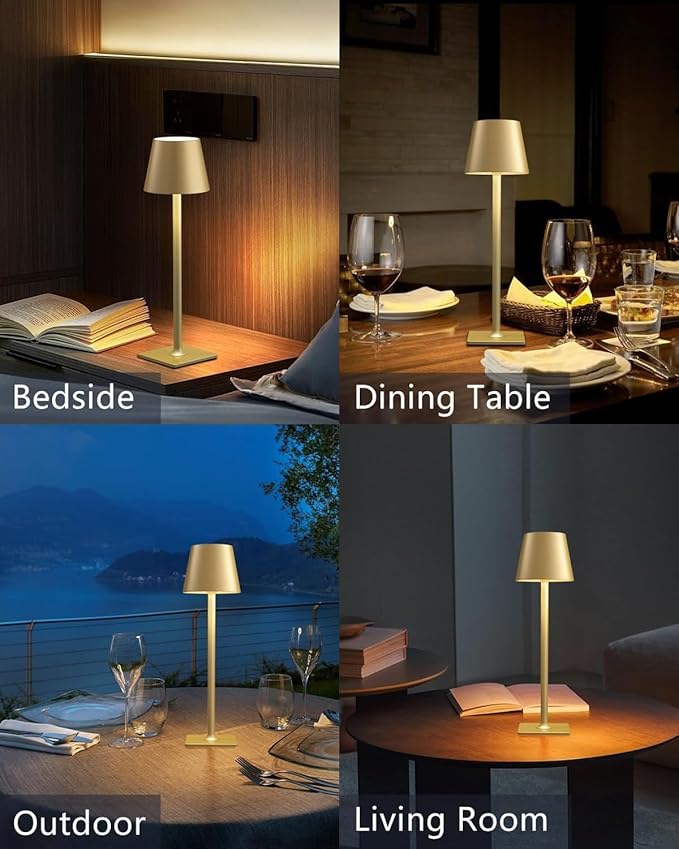 2 Pack Rechargeable Table Lamps, Gold Cordless Lamps - Battery Operated Touch Lamp, Outdoor Table Lights, Waterproof, Wireless, Portable Desk Lamp for Restaurant, Bedroom, Patio(Gold)