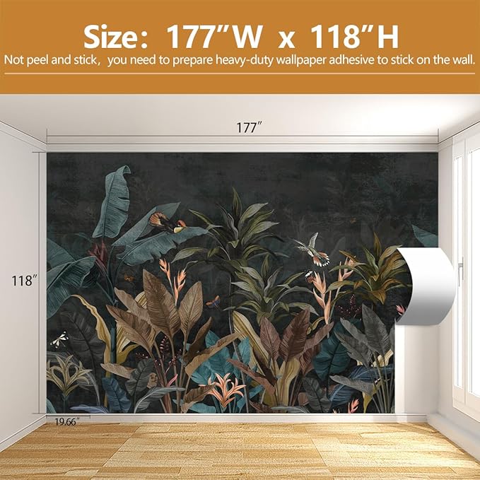 Tropical Botanical Wallpaper Dark Jungle Plant Leaf Wall Mural for Living Room Bedroom（Not Peel and Stick）
