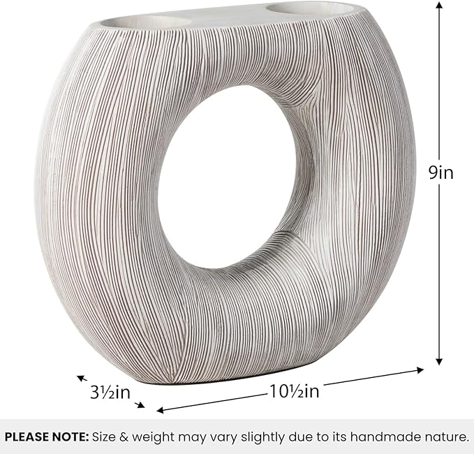 Torre & Tagus White Donut Vase for Flowers - 9 Inch Tall Textured Vases for Centerpieces with 2 Openings, Sculptures Home Decor & Abstract Sculptures Home Decor for Shelf Decor Aesthetic (Alma)