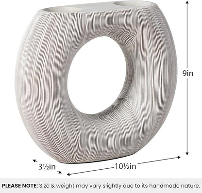 Torre & Tagus White Donut Vase for Flowers - 9 Inch Tall Textured Vases for Centerpieces with 2 Openings, Sculptures Home Decor & Abstract Sculptures Home Decor for Shelf Decor Aesthetic (Alma)