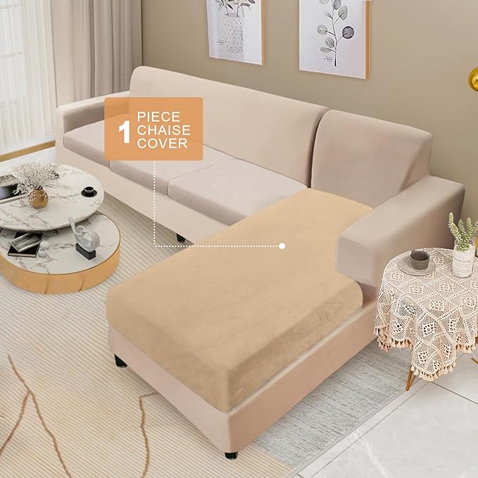 NAISI Sectional Couch Cover 1 Piece Velvet Separate Chaise Lounge Cover Soft Stretch Sofa Slipcovers for Left/Right Chaise Sectional Couch(Chaise Lounge,Camel)