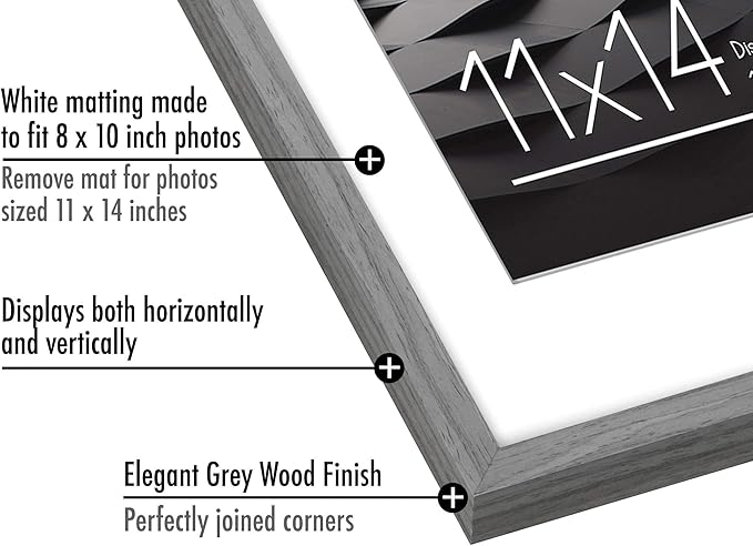 Americanflat 11x14 Picture Frame with Shatter-Resistant Glass - Use as 8x10 Frame with Mat or Display 11x14 Photo Without Mat - Streamline Collection - Thin Border Picture Frames for Wall - Grey