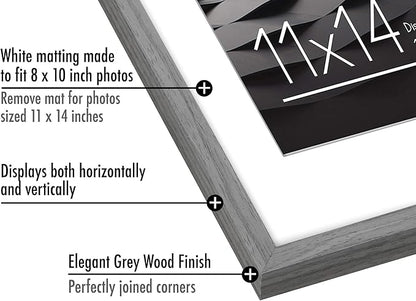 Americanflat 11x14 Picture Frame with Shatter-Resistant Glass - Use as 8x10 Frame with Mat or Display 11x14 Photo Without Mat - Streamline Collection - Thin Border Picture Frames for Wall - Grey