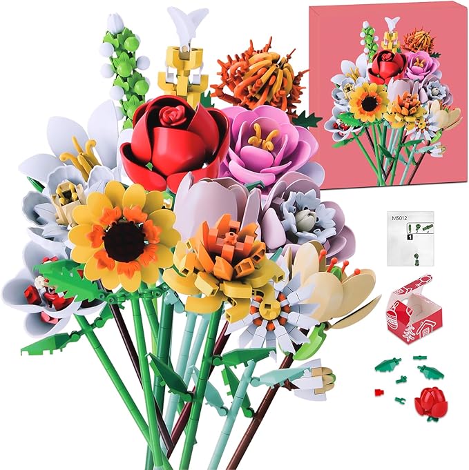Flower Bouquet Building Blocks Set - 24-Day Countdown Calendar for Spring, Valentine's Day, Mother's Day & Christmas - DIY Colorful Roses & Tulips Building Home Decor for Women, Teens, Mom