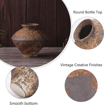 Small Stone Vase for Rustic Home Decor, Farmhouse Antique Pottery Vase Furniture&Table Flower Decorative, Round Terracotta Vases for Living Room Decor, Modern Rustic Concrete Clay Art Vases