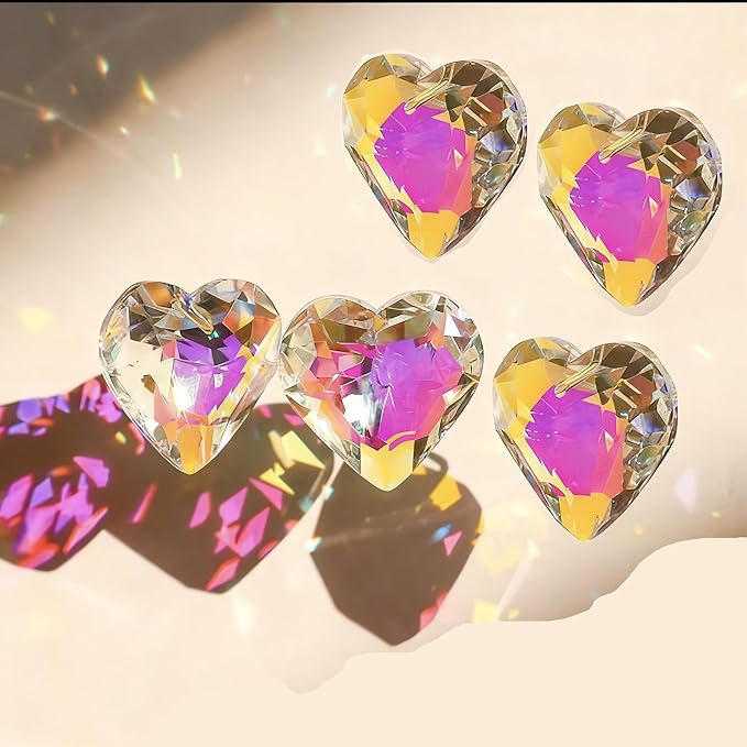 5Pcs Small Suncatchers Crystal Prisms, Hanging Sun Catcher with Glass Prism, Crystalsuncatcher Rainbow Maker for Garden Fantasy Aesthetic Home Decor, Windows, Room, Heart Shape