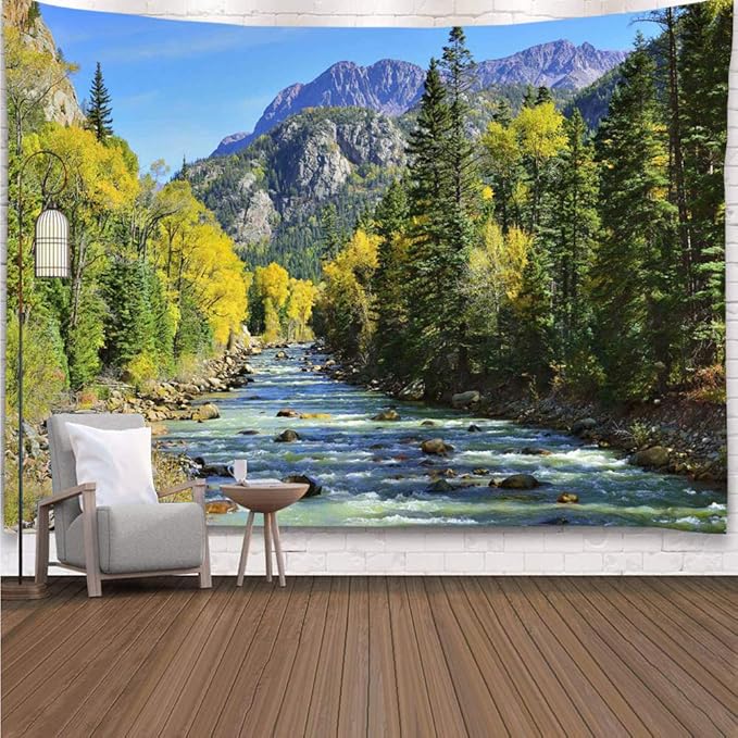 YISURE Nature Mountain Forest Tapestry, Scenic Green Pine Tree Waterfall Landscape Wall Hanging Tapestries for Home Office Dorm Indoor and Outdoor Decoration Large Size 91(W) x71(L) Inch