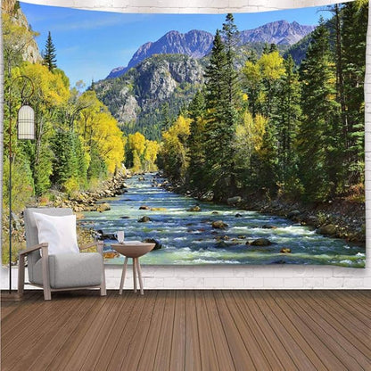 YISURE Nature Mountain Forest Tapestry, Scenic Green Pine Tree Waterfall Landscape Wall Hanging Tapestries for Home Office Dorm Indoor and Outdoor Decoration Large Size 91(W) x71(L) Inch