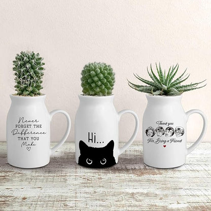 Cute Cat Themed Gifts, Small Ceramic Flower Vase Funny Coffee Mug for Cat Lover Owner Women Friend, Home Living Room Farmhouse Office Desk Table Shelf Decor (No Plants)