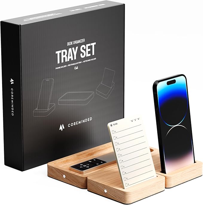 Modular Office Desk Organizer Tray Set - Solid Wood Desk Tray with Felt Lining - Desktop Organizer Wood Desk Accessories - Set B