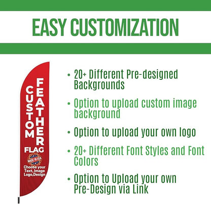 Custom Feather Flag(11.5x2.5FT) by BCB Print for Business Outdoor | Optional 15 FT Pole & Ground Spike | DIY Swooper Flag Banner | HD Printed Custom Sign | Express Dispatch & Ship | Made in USA