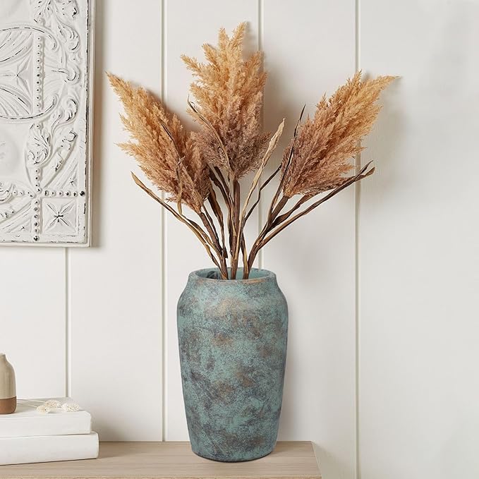 Briful 9.06'' Large Ceramic Rustic Vase Shabby Vintage Textured Vase, 4.33'' Wide Mouth Pampas Vases for Fake Flowers Branches, Farmhouse Home Décor, Weddings Shelf Table Decor,Patina