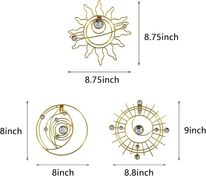 Manortang 9 Inch Metal Golden Wall Decor Abstract Sun Moon Star Wall Art Embelished Mystical Planet Indoor Outdoor Circle Wall Decorations for Bedroom Living Room Office Kitchen Bathroom Party 3pcs