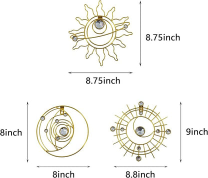 Manortang 9 Inch Metal Golden Wall Decor Abstract Sun Moon Star Wall Art Embelished Mystical Planet Indoor Outdoor Circle Wall Decorations for Bedroom Living Room Office Kitchen Bathroom Party 3pcs