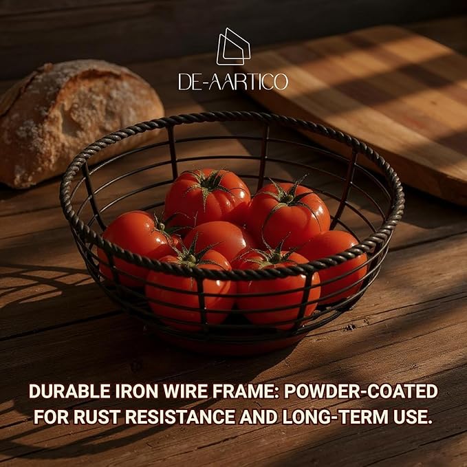 Wood and Iron Fruit Bowls Dishwasher Safe Basket Gift for Home Kitchen, Medium, Natural - 12"x12"x 5" INCHES