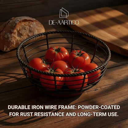 Wood and Iron Fruit Bowls Dishwasher Safe Basket Gift for Home Kitchen, Medium, Natural - 12"x12"x 5" INCHES