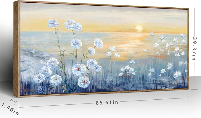 Nicetop Oversized Ocean Sunset Framed Wall Art for Living Room Extra Large Coastal Beach White Flowers Canvas Print Blue Sea Natural Scenery Picture Calm Warm Seaside Artwork for Home Office 86x39inch
