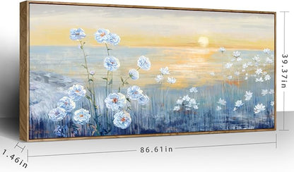 Nicetop Oversized Ocean Sunset Framed Wall Art for Living Room Extra Large Coastal Beach White Flowers Canvas Print Blue Sea Natural Scenery Picture Calm Warm Seaside Artwork for Home Office 86x39inch