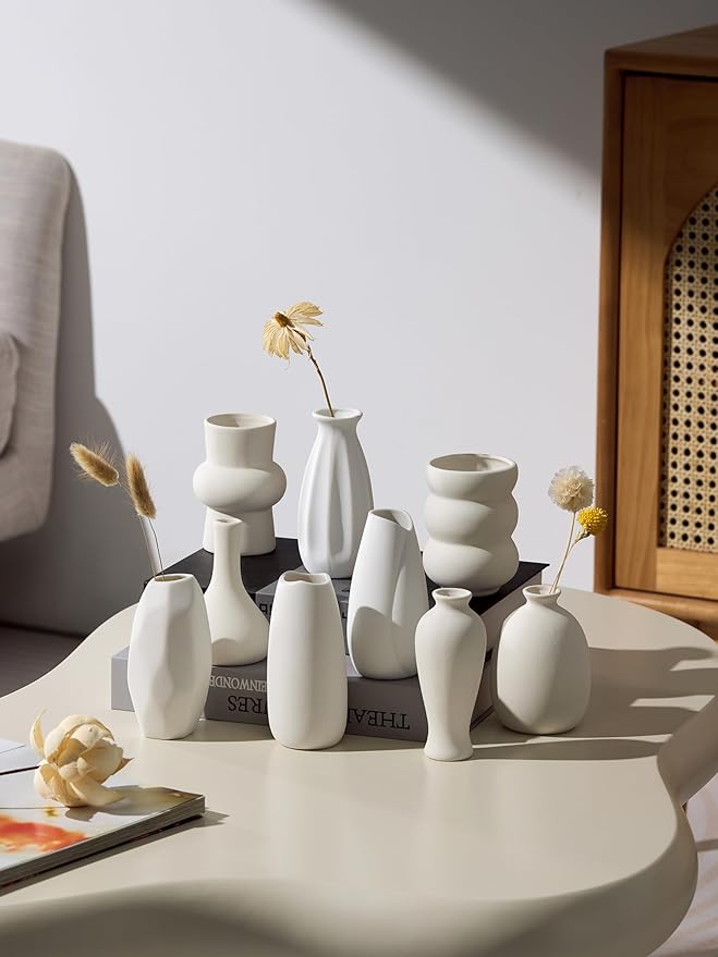 Set of 9 Ceramic Bud Vases for Pampas Grass Flowers, Small Vases in Bulk for Centerpieces Boho Vases for Wedding Decorations Neutral Living Room and Bedroom Decor DIY Gift (White-3)