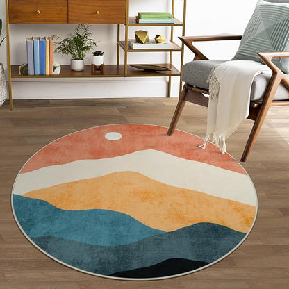 Abstract Round Rug 3ft, Faux Wool Soft Throw Area Rugs, Washable Farmhouse Small Circle Rug, Floor Low Pile Mats for Bedroom Bathroom Laundry Room Nursery Decor