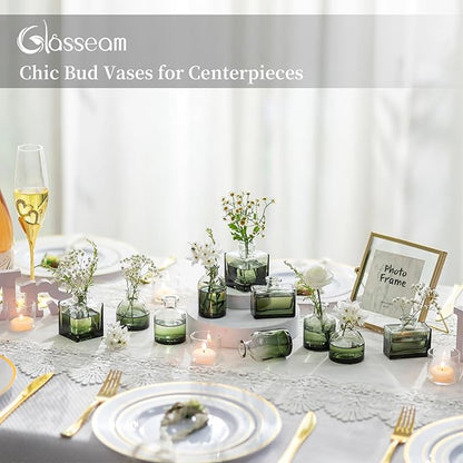 Glasseam Green Glass Bud Vase: Mini Small Vases for Centerpieces Cute Flower Vase Set of 5 Tiny Vases for Flowers Decorative Centerpiece Decor Table Wedding Party Dining Room Decoration