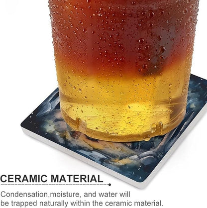 Square-4PCS Forest Ceramic Coasters, Square Absorbent Drink Coasters, Watercolor Mountain Forest Nature Tree Woodland Camping Ceramic Table Coasters for Coffee, Beverage, Wine, Beer Coasters