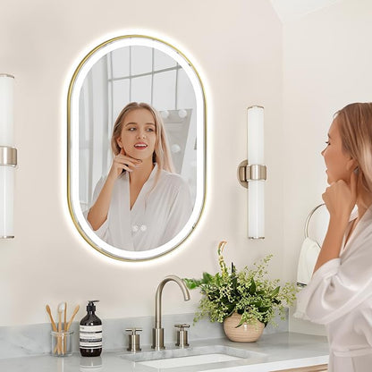 Niccy Oval LED Mirror for Bathroom, 40x24 Front Lit + Backlit Vanity Mirrors with Light Anti-Fog, Shatter-Proof, 3 Colors, Makeup Mirror with Old Gold Frame (Horizontal/Vertical)