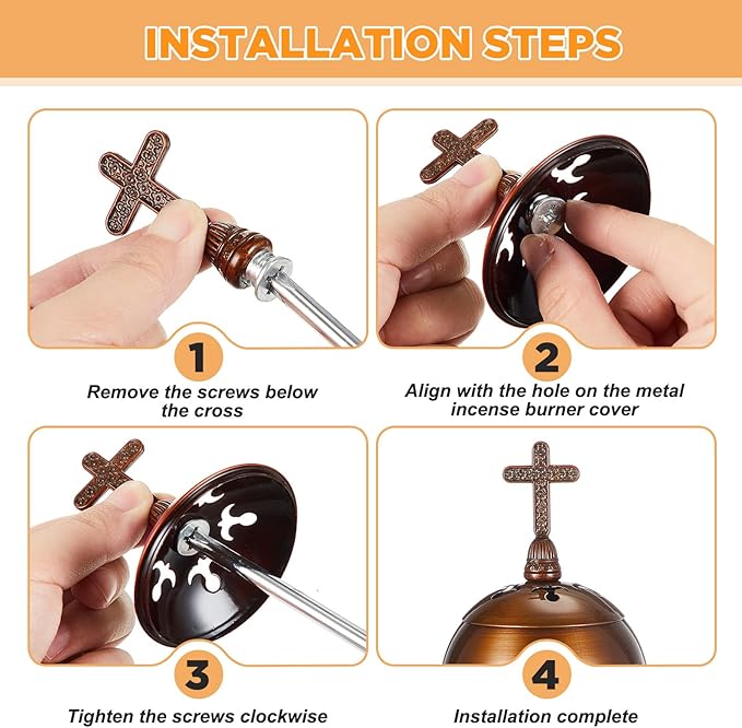 Zonon Catholic Incense Burner with Tong Charcoal Polished Metal Brass Censer Holder Christian Church Censer Burner Holder Cones Cross 7. 9 Aromatherapy Fragrance Ornament (Red Copper)