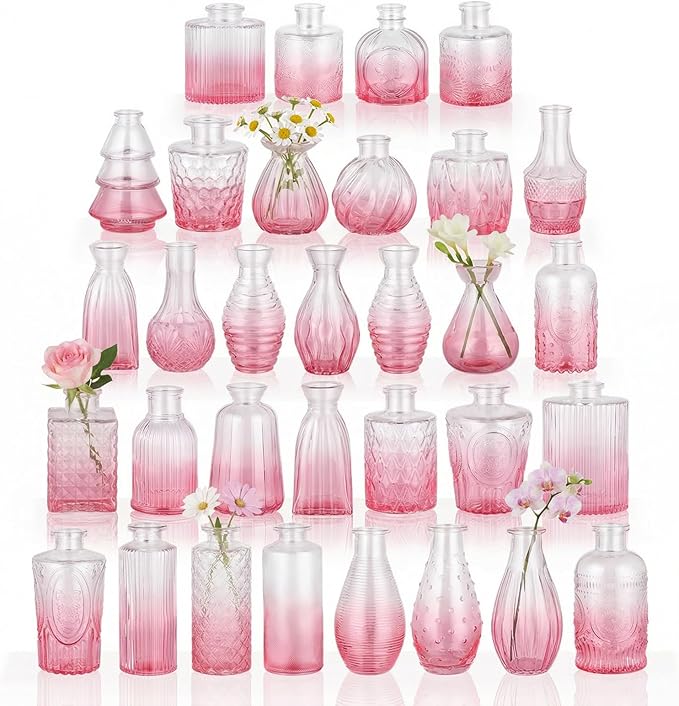 BEAHOT Pink Glass Vases,32 Pack Bud Vase in Bulk,Mini Vintage Glass Flower Vases for Centerpieces,Wedding Decor,Baby Shower & Home Decaration,Mother's Day (Pink Gradient)