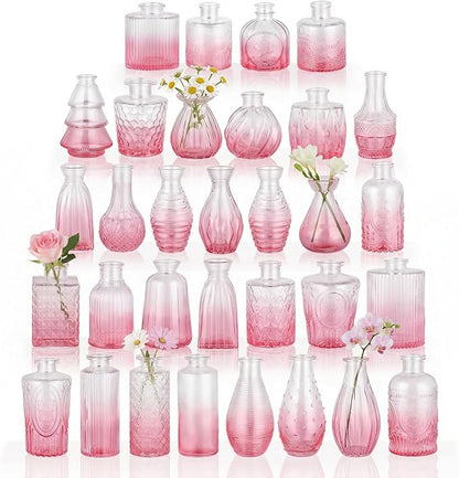 BEAHOT Pink Glass Vases,32 Pack Bud Vase in Bulk,Mini Vintage Glass Flower Vases for Centerpieces,Wedding Decor,Baby Shower & Home Decaration,Mother's Day (Pink Gradient)