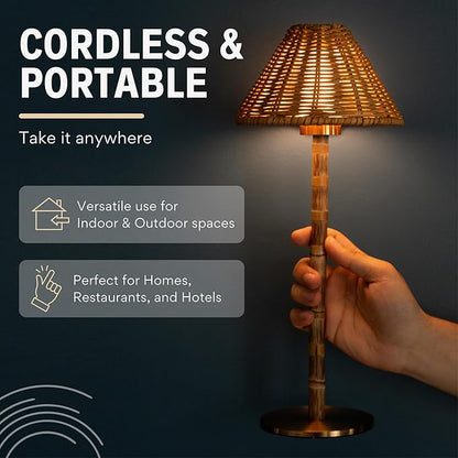 Bamboo Cordless LED Table Lamp – Rechargeable 24-Hour Battery, Dimmable Warm Light, 15" Portable Wireless Lamp with Remote for Indoor/Outdoor Use, Home, Patio, Restaurant – Natural Rattan