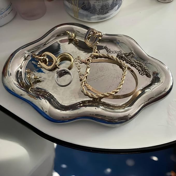 Ceramic Jewelry Dish for Women, Unique Cloud Shaped Trinket Ring Tray, Room Decorative Vanity Tray, Women Gift for Mother's Day, Christmas, Thanksgiving, Birthday, for Plate, Watch, Keys etc(Silver)