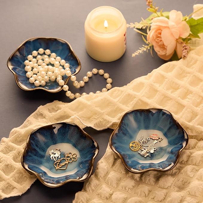 8 Pcs Ceramic Trinket Dish Lotus Leaf Jewelry Tray Small Ring Dish for Earrings, Rings, Jewelry Holder, Key Bowl(Blue)