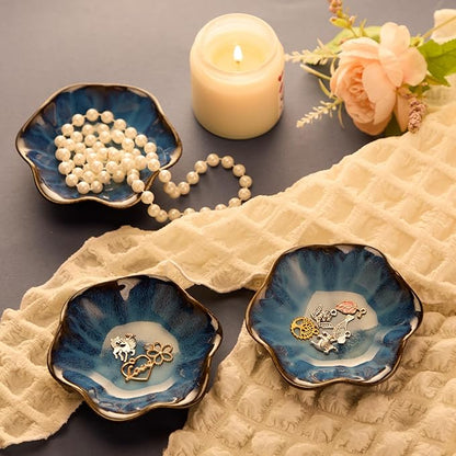 8 Pcs Ceramic Trinket Dish Lotus Leaf Jewelry Tray Small Ring Dish for Earrings, Rings, Jewelry Holder, Key Bowl(Blue)