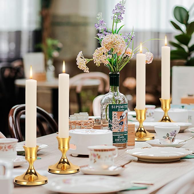 4 Pcs Brass Gold Taper Candle Holders, Vintage Metal Candlestick Holders Set for Dining Table, Wedding & Party Centerpiece Decor, Fits Standard Taper Candles, Mantel & Home Decorations