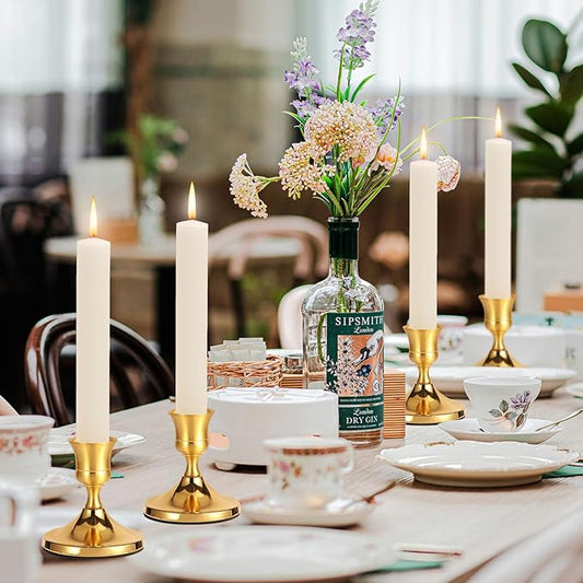 4 Pcs Brass Gold Taper Candle Holders, Vintage Metal Candlestick Holders Set for Dining Table, Wedding & Party Centerpiece Decor, Fits Standard Taper Candles, Mantel & Home Decorations