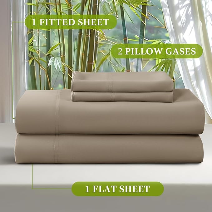 Shilucheng 100% Viscose Derived from Bamboo_ Sheets King Size 4pcs - Ultra Cooling & Silky Soft Bed Sheets, 16" Deep Pocket, Perfect for Hot Sleepers, Hotel Bedding Sheets (Simply Taupe)