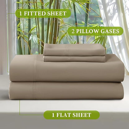Shilucheng 100% Viscose Derived from Bamboo_ Sheets King Size 4pcs - Ultra Cooling & Silky Soft Bed Sheets, 16" Deep Pocket, Perfect for Hot Sleepers, Hotel Bedding Sheets (Simply Taupe)