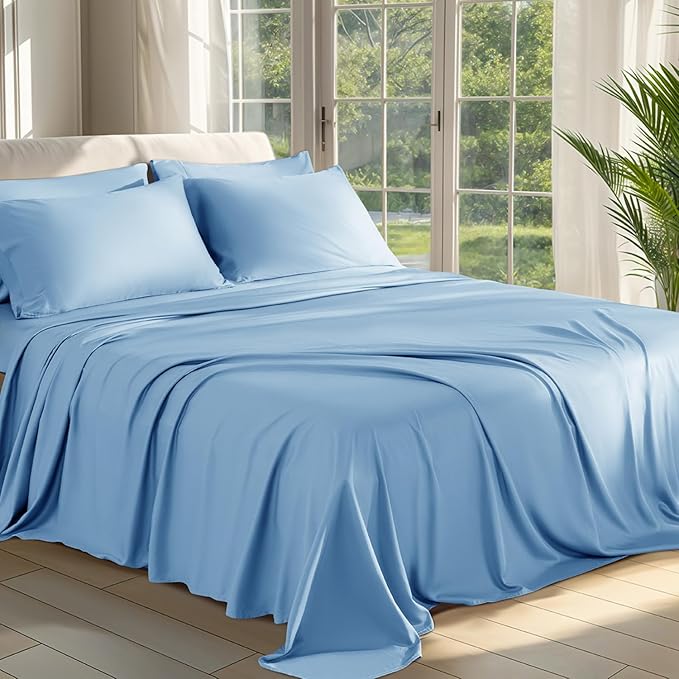Shilucheng 100% Viscose Derived from Bamboo_ Sheets Queen Size 6pcs - Ultra Cooling & Silky Soft Bed Sheets, 16" Deep Pocket, Perfect for Hot Sleepers, Hotel Bedding Sheets (Lake Blue)