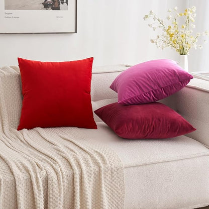MIULEE Pack of 2 Christmas Bright Red Velvet Throw Pillow Covers 20x20 Inch Soft Solid Decorative Square Set Cushion Cases for Spring Couch Sofa Bedroom
