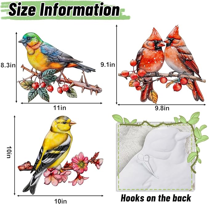 3Pcs Metal Wall Art Decor Birds on Branch, 3D Colorful Bird Outdoor Hanging Wall Art Patio Fence Decorations, Hummingbird Wall Sculptures for Indoor Outdoor Garden(Birds A)