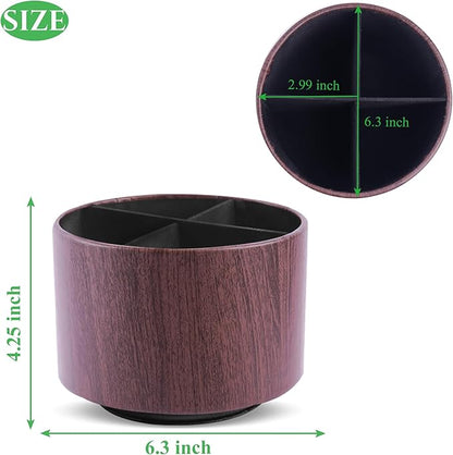 Round Leather Art Supply Organizer,Remote Control Holder,360 Degree Spinning,Multi-Functional Pencil Holder,4 Compartments Desktop Stationary Organizer(1-Thin Wood Dark Brown)