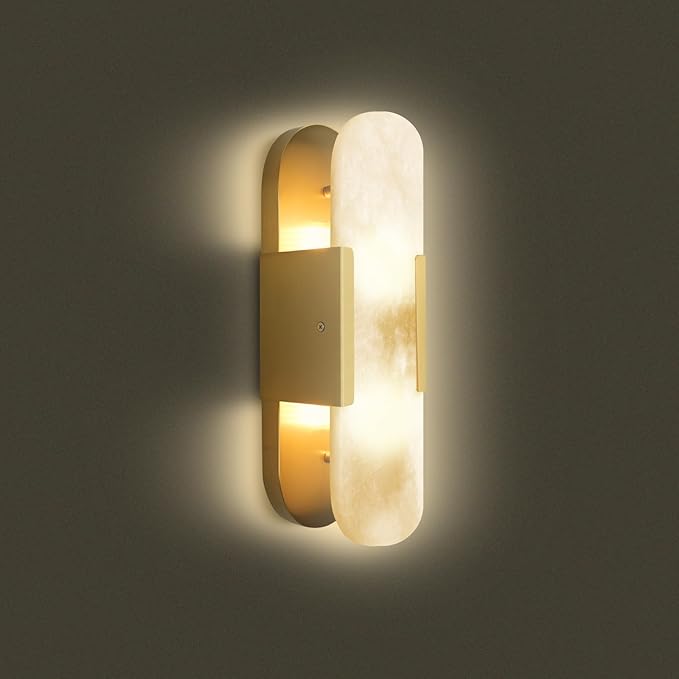 13.8" Brass Alabaster Wall Sconces, Hardwired Indoor Lights, Natural Alabaster Stone Shade, Modern Oval Vanity Lighting for Bedroom, Bathroom, Hallway, Stairs
