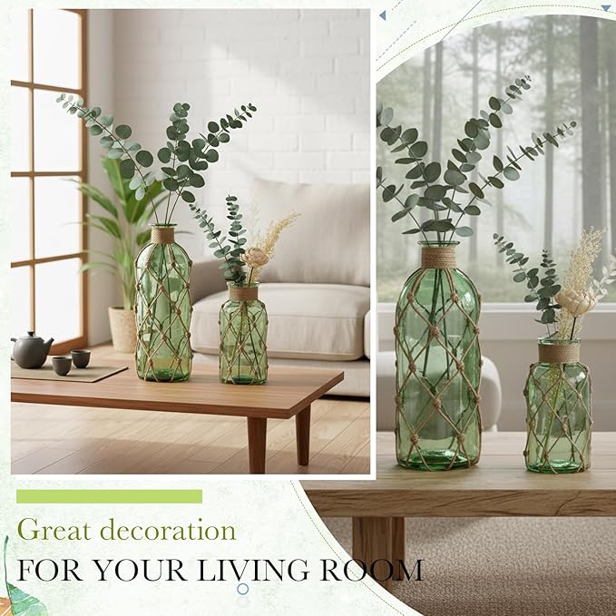 Chuangdi Set of 2 Coastal Glass Vases Christmas Vases for Flowers with Boho Rope Christmas Centerpieces for Tables Small Beach Bottle for Nautical Wedding Floral Arrangement Decorations(Green)