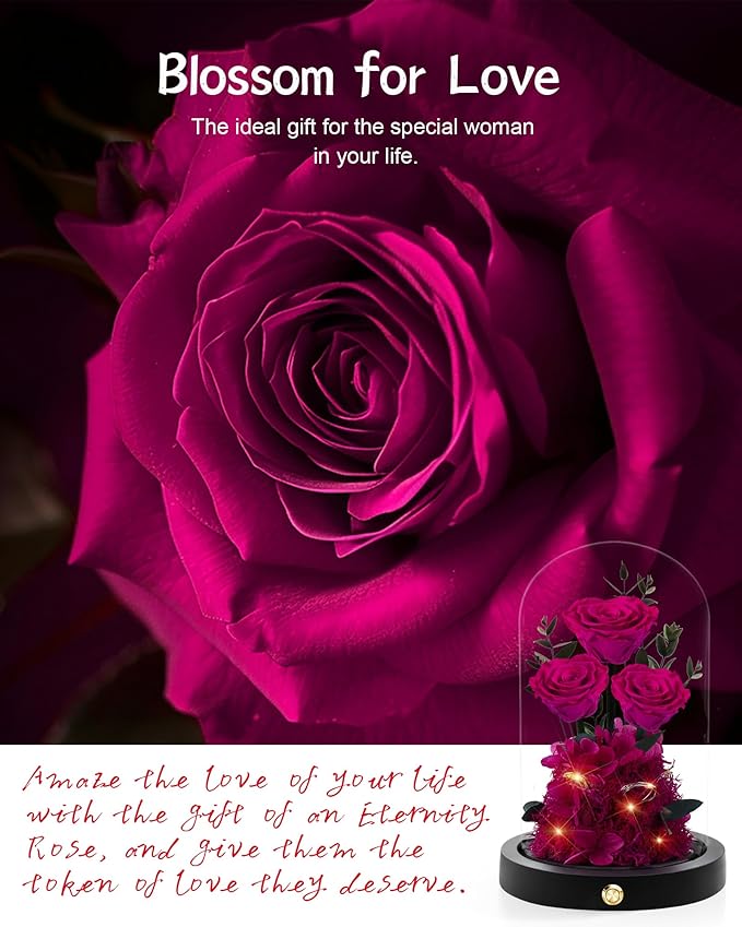 Valentines Day Flowers Roses Gifts for Her,Forever Real Preserved Roses in Glass Dome,Valentines Day Anniversary Birthday Gifts for Wife Girlfriend Women Mom Best Friend Her/Rose