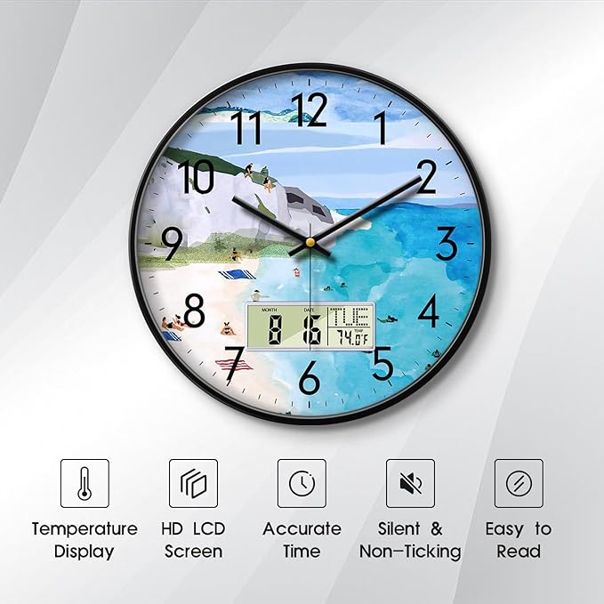 Silent Wall Clock with Temperature Day and Date Blue Mountain and Sea Beach Non-ticking Kitchen Clock Digital Large Display Battery Operated Clocks Decor for Bathroom Living Room Office 12 Inch