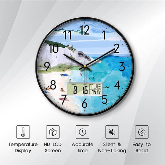 Silent Wall Clock with Temperature Day and Date Blue Mountain and Sea Beach Non-ticking Kitchen Clock Digital Large Display Battery Operated Clocks Decor for Bathroom Living Room Office 12 Inch